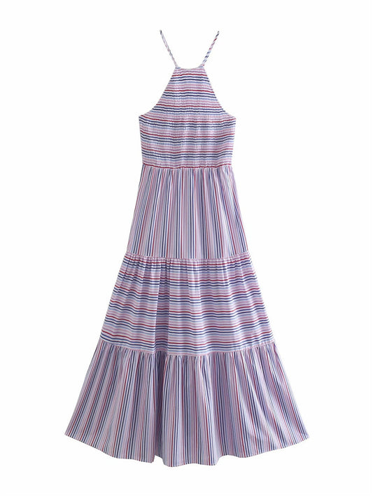 Vacation Style Sling Striped Backless Long Dress Women
