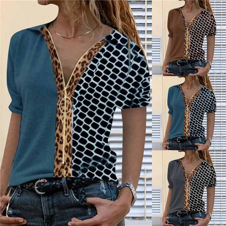 V-Neck Short-Sleeved Shirt with New Print and Contrast Color Zipper