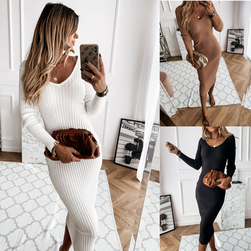 Casual Solid Color Low Cut V-Neck Tight-Fitting Long Sleeve Dress