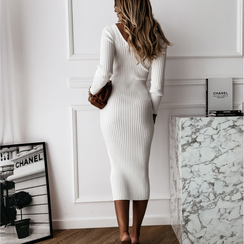 Casual Solid Color Low Cut V-Neck Tight-Fitting Long Sleeve Dress