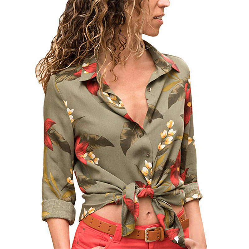 Printed V-neck Chiffon Shirt with Long Sleeves, a Casual Choice for Ladies