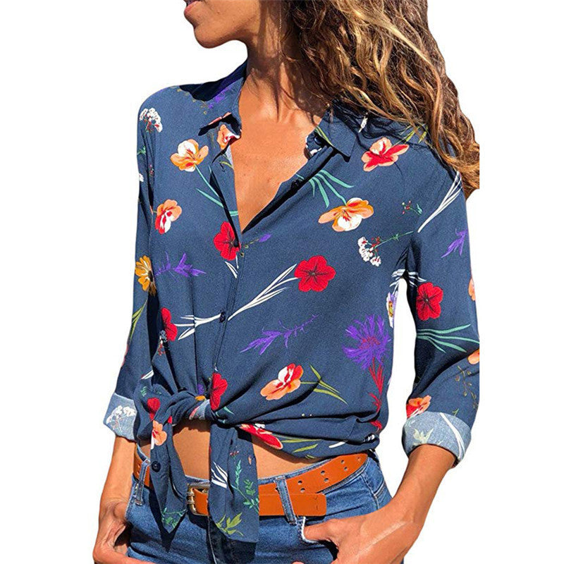 Printed V-neck Chiffon Shirt with Long Sleeves, a Casual Choice for Ladies