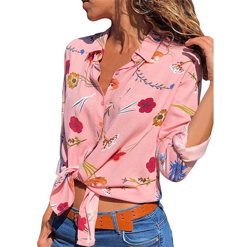 Printed V-neck Chiffon Shirt with Long Sleeves, a Casual Choice for Ladies