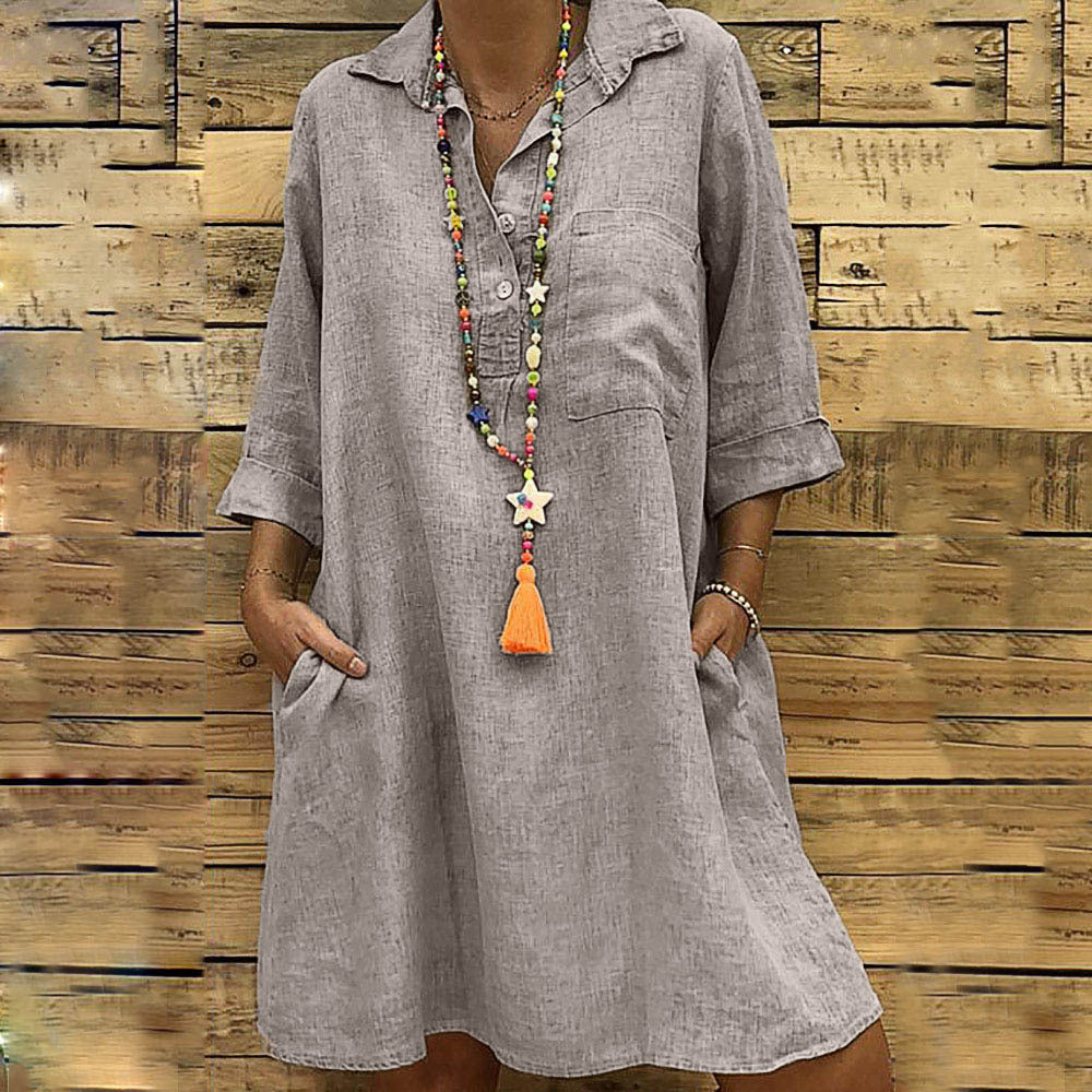 Women Oversized Shirt Collar Dress With Three-quarter Sleeves