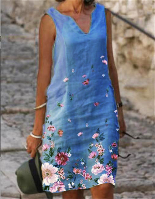 Sleeveless Linen Dress with a V-Neck and A-Line Silhouette, Featuring a Stylish Print.