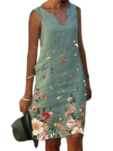 Sleeveless Linen Dress with a V-Neck and A-Line Silhouette, Featuring a Stylish Print.