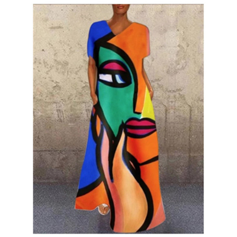 Printed V-Neck Long Dress for Women with Four-Way Stretch