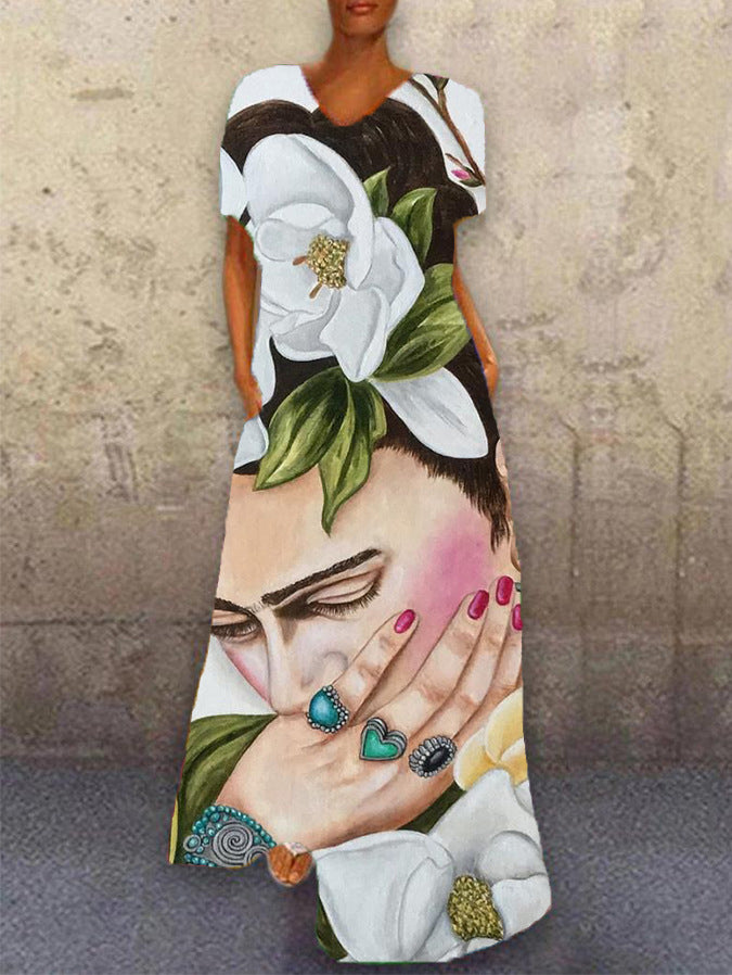 Printed V-Neck Long Dress for Women with Four-Way Stretch