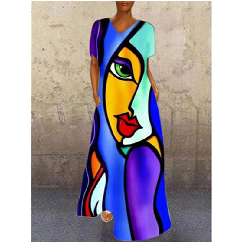 Printed V-Neck Long Dress for Women with Four-Way Stretch