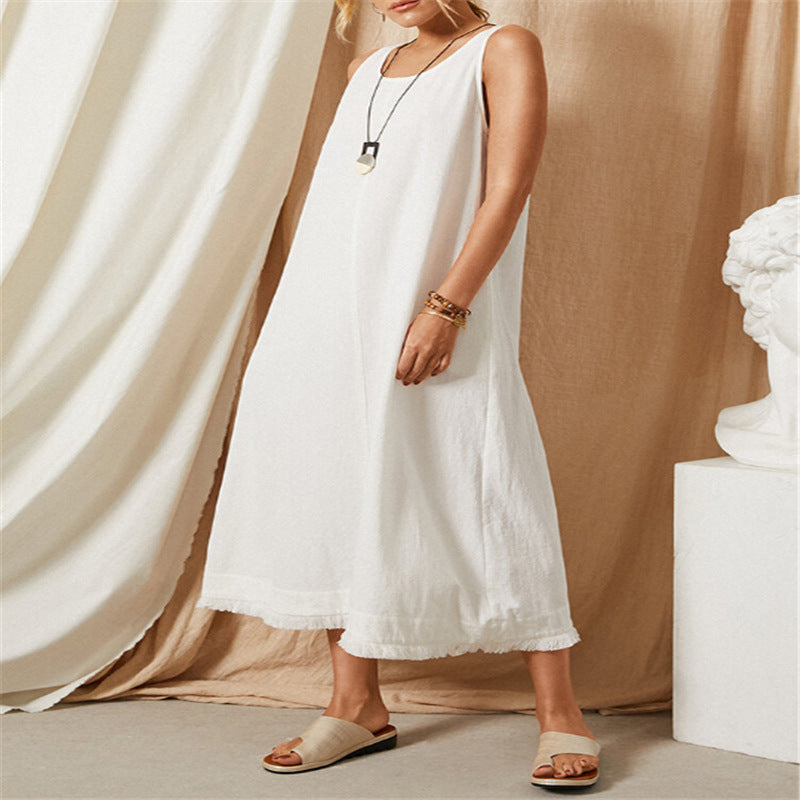 Sleeveless Retro Round Neck Loose Waist Long Dress