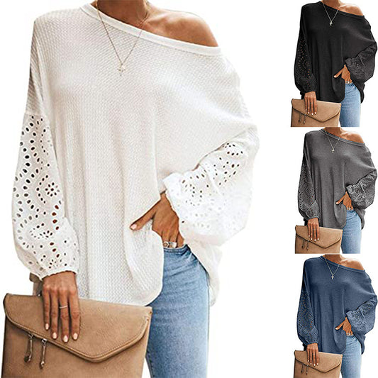 Stylish Solid Color Loose Slant Collar Hollow Long Sleeve Strapless T-Shirt for Women