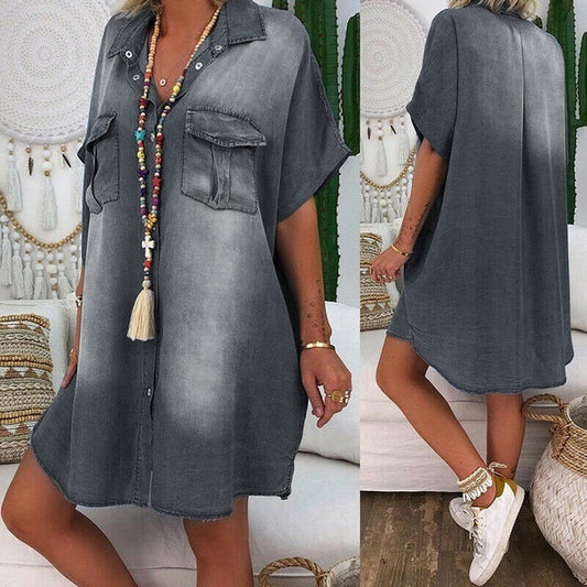 Long Loose Casual Pockets, Short Sleeve Buttoned Solid Color Denim Dress