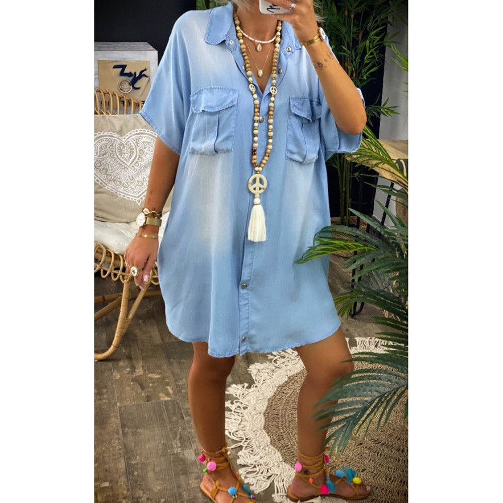 Long Loose Casual Pockets, Short Sleeve Buttoned Solid Color Denim Dress