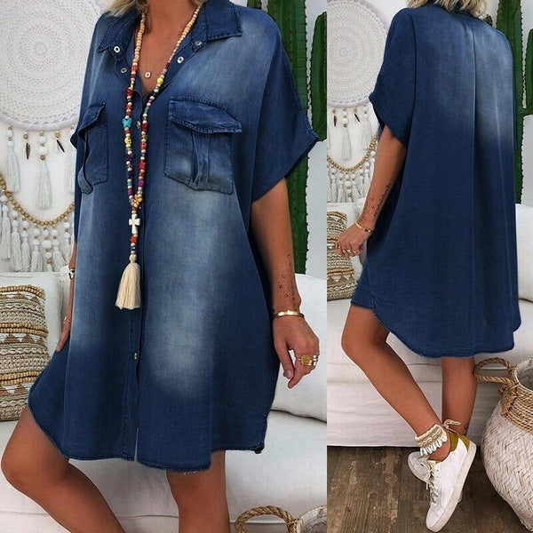 Long Loose Casual Pockets, Short Sleeve Buttoned Solid Color Denim Dress