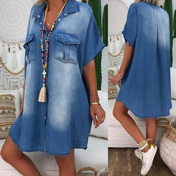 Long Loose Casual Pockets, Short Sleeve Buttoned Solid Color Denim Dress