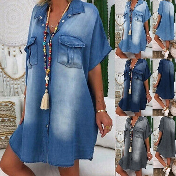 Long Loose Casual Pockets, Short Sleeve Buttoned Solid Color Denim Dress