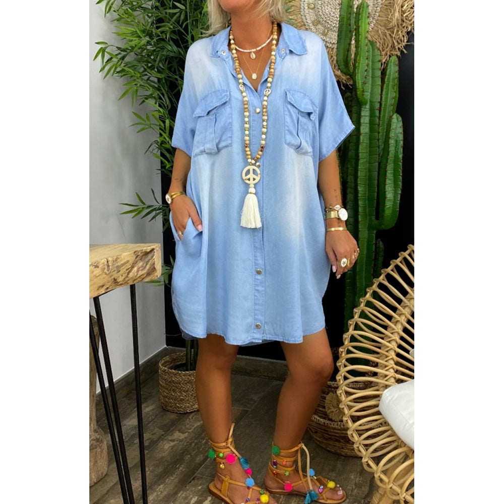 Long Loose Casual Pockets, Short Sleeve Buttoned Solid Color Denim Dress