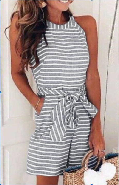 Slim Striped Jumpsuit with Lace-up Detail and Round Neck