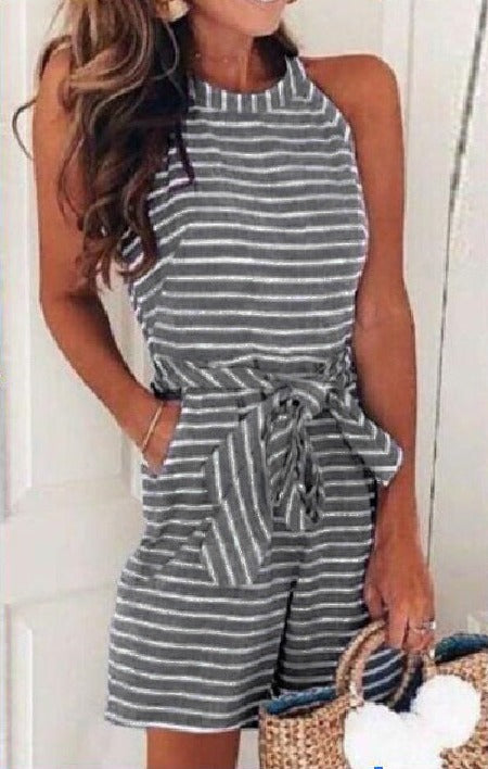 Slim Striped Jumpsuit with Lace-up Detail and Round Neck