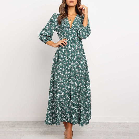 Small Floral Lantern Long Sleeve Button High Waist Dress