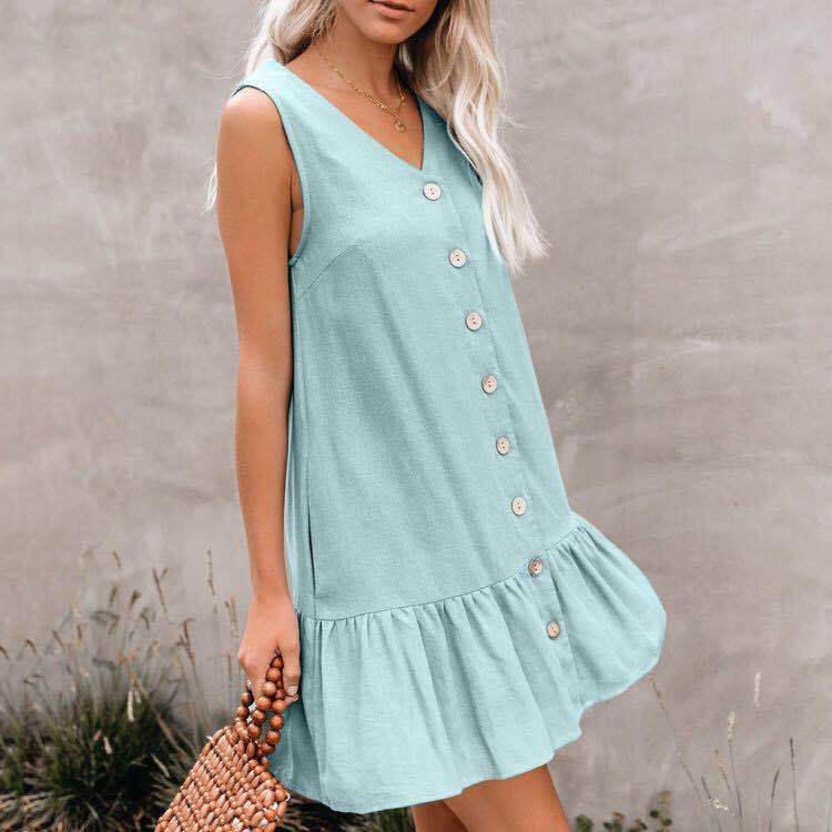 Women's Cardigan Dress Cotton And Linen Sleeveless V-Neck Access Control Single-Breasted