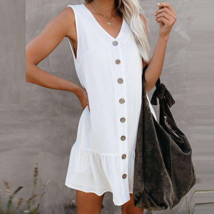 Women's Cardigan Dress Cotton And Linen Sleeveless V-Neck Access Control Single-Breasted