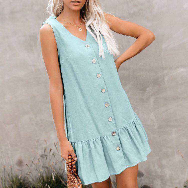 Women's Cardigan Dress Cotton And Linen Sleeveless V-Neck Access Control Single-Breasted