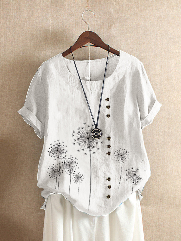 Printed T-shirt Cotton And Linen Casual Short Sleeves