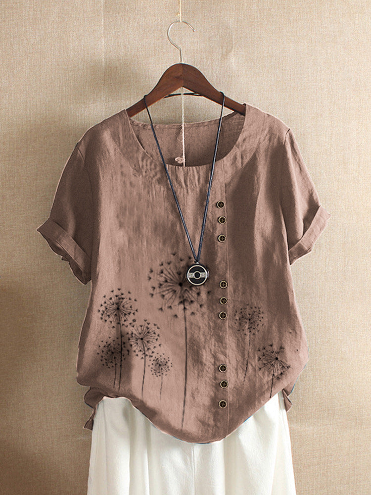 Printed T-shirt Cotton And Linen Casual Short Sleeves