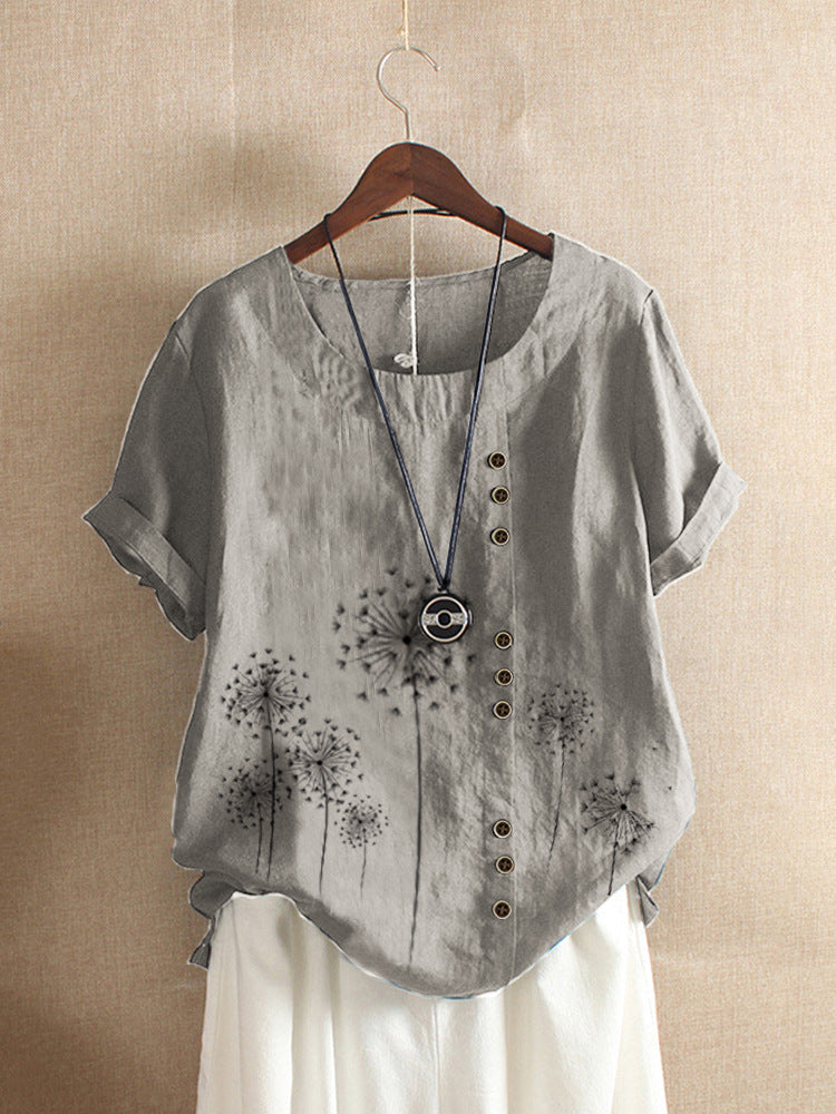 Printed T-shirt Cotton And Linen Casual Short Sleeves