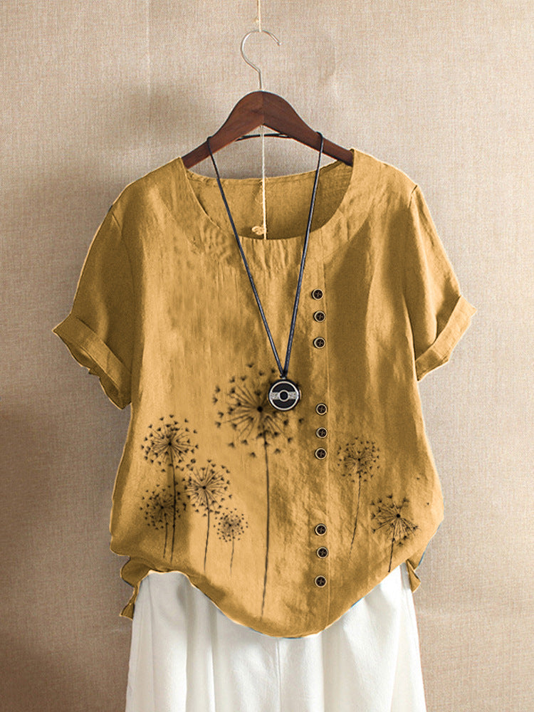 Printed T-shirt Cotton And Linen Casual Short Sleeves