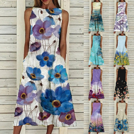 Women's Spring New Flower Print Sleeveless Dress