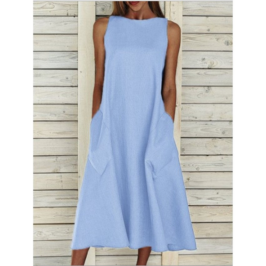 Sleeveless Double Pocket Dress with Round Neck