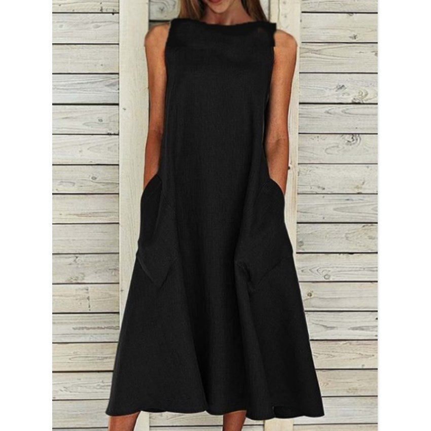 Sleeveless Double Pocket Dress with Round Neck