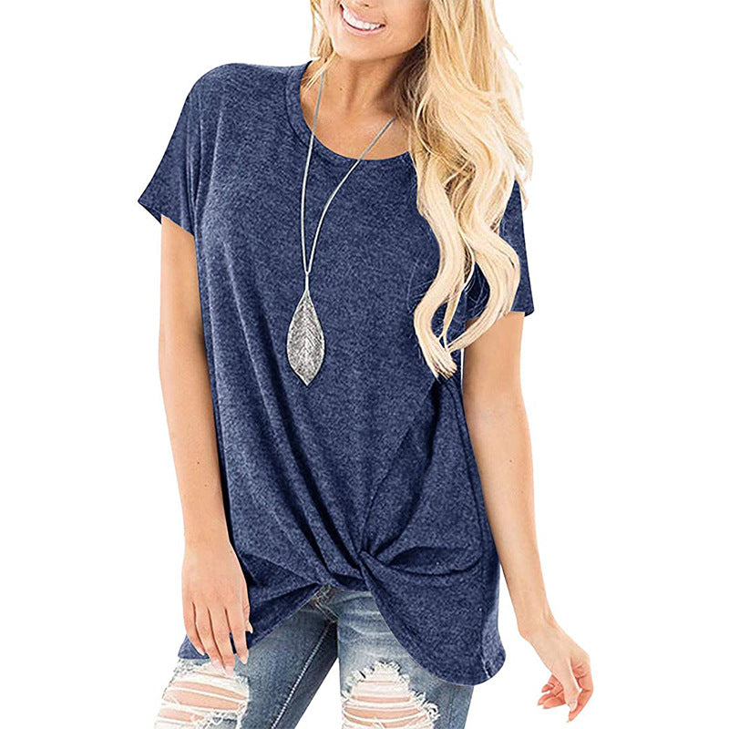 Pure Color Twist Casual Round Neck Short Sleeves