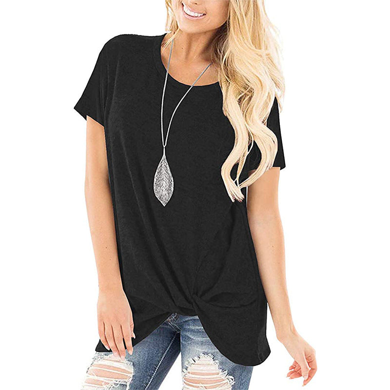 Pure Color Twist Casual Round Neck Short Sleeves