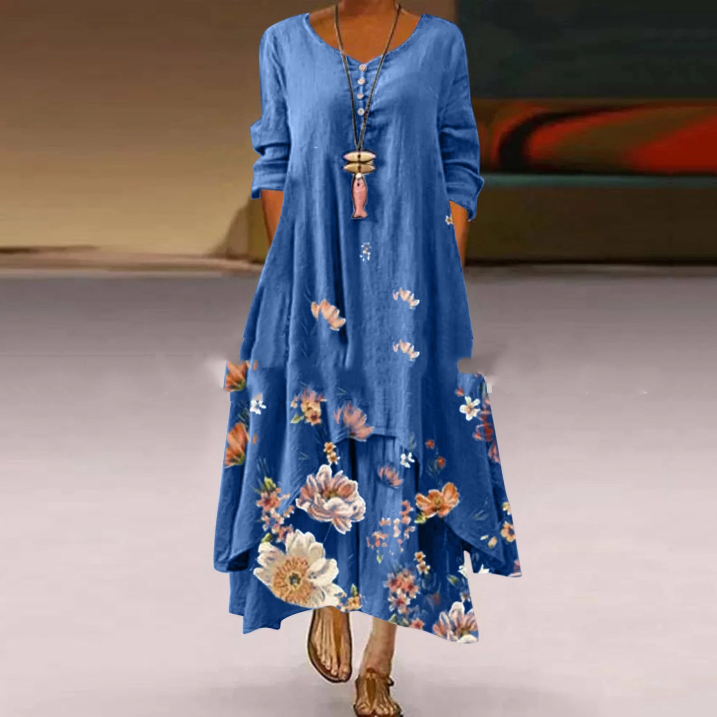 Printed Long-Sleeved Dress for Women with Irregular Hem Long Skirt