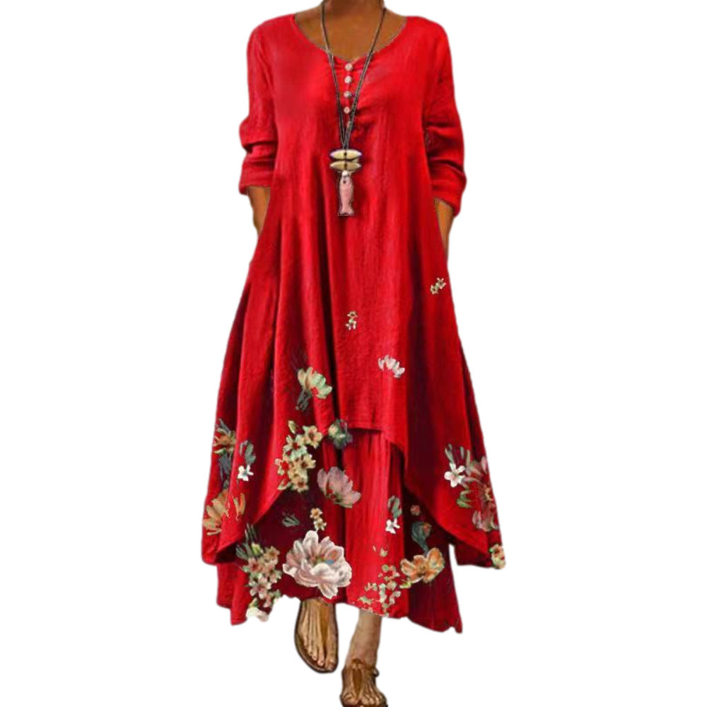 Printed Long-Sleeved Dress for Women with Irregular Hem Long Skirt