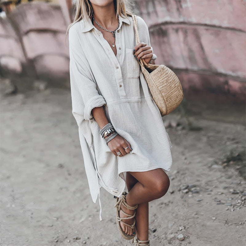 Cotton and Linen V-Neck Mid-Length Dress