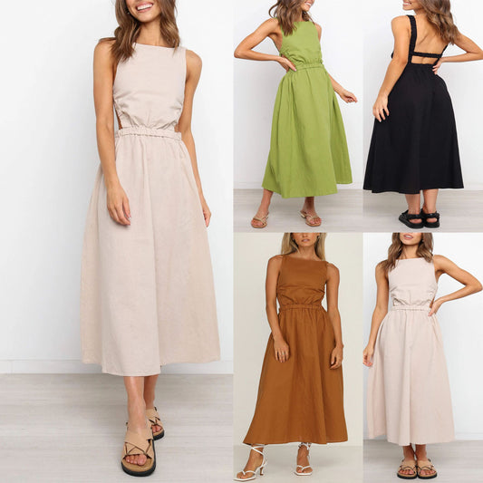 European And American Spring And Summer Cross-border New Independent Station Hot Sale  Back Solid Color Sexy Cotton And Linen Dress