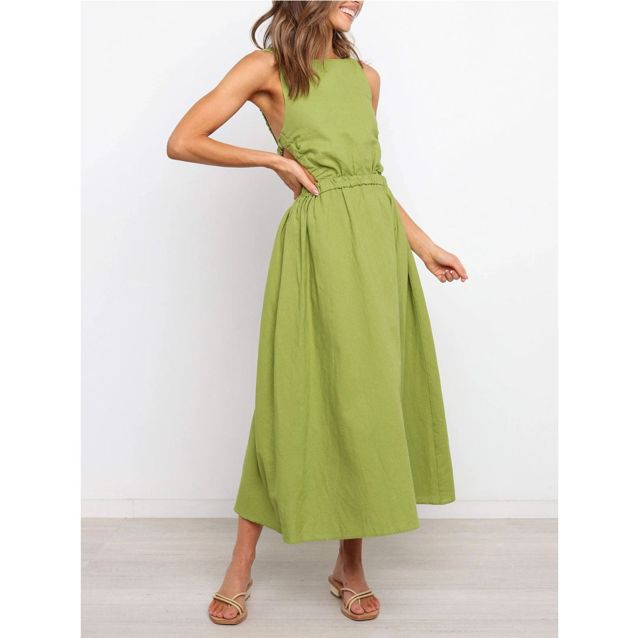 European And American Spring And Summer Cross-border New Independent Station Hot Sale  Back Solid Color Sexy Cotton And Linen Dress