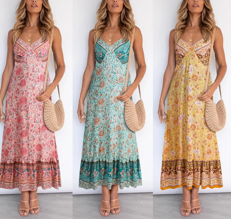 Step into Summer with Our New Style European and American Women's Bohemian Sling Floral Dress