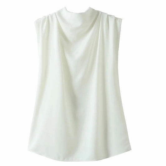Elegant Sleeveless Stand-Up Collar Blouse with a Simple and Relaxed Solid Color Design