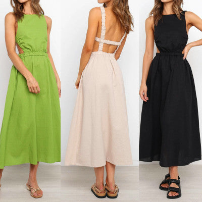 Sling Open Back Elasticated Waist Long Dress