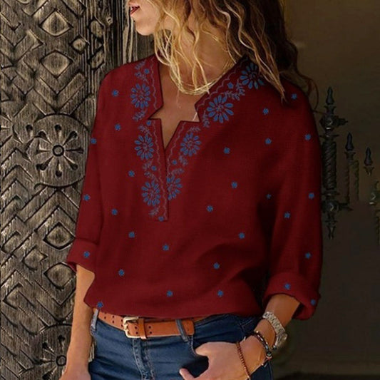 Ladies' V-neck Shirt with European and American Style Printing