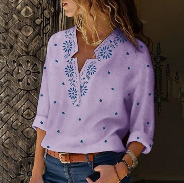 Ladies' V-neck Shirt with European and American Style Printing