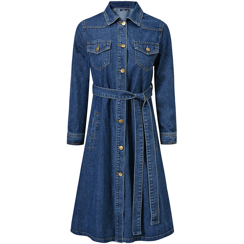 Spring New Mid-Length Denim Dress Loose Waist Bow Tie Denim Trench Coat