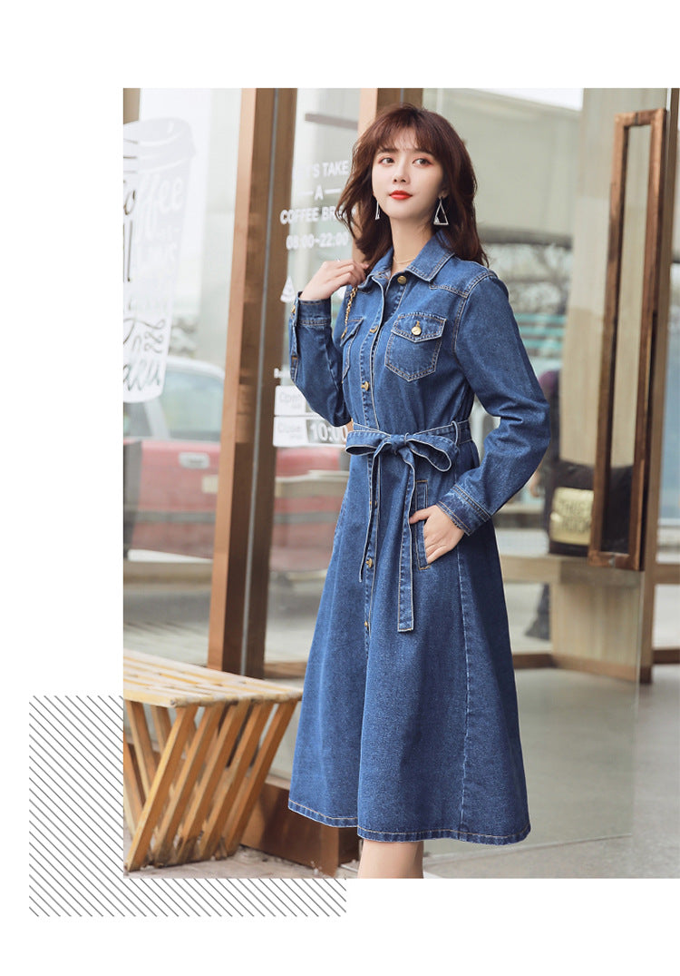 Spring New Mid-Length Denim Dress Loose Waist Bow Tie Denim Trench Coat