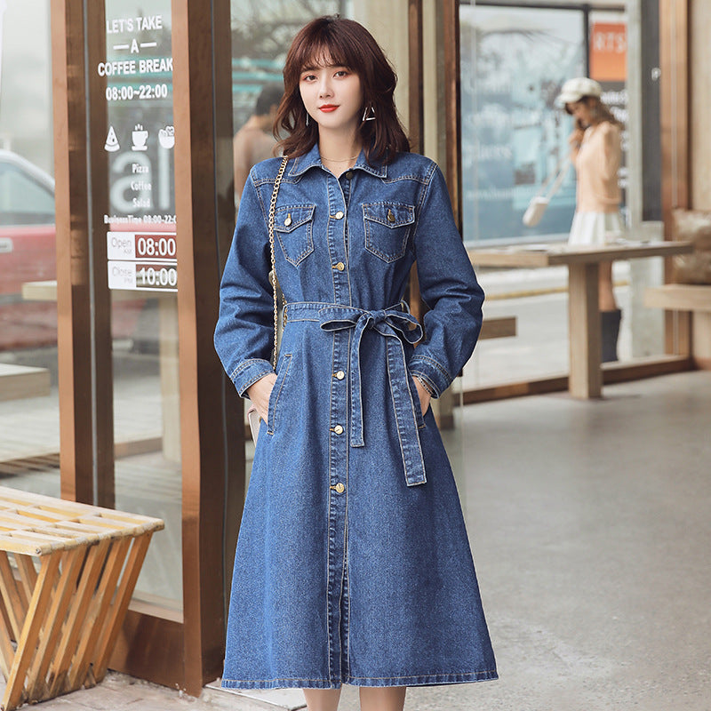 Spring New Mid-Length Denim Dress Loose Waist Bow Tie Denim Trench Coat