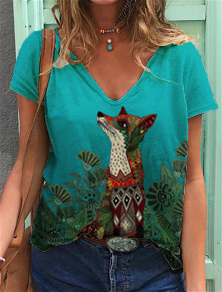 V-Neck Printed Short-Sleeve Women's T-Shirt in a Loose Fit